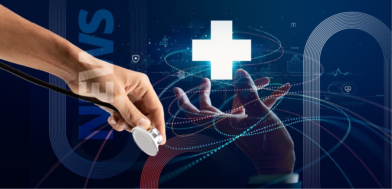 Medical technology hero – doctor's hand holding a stethoscope with digital medical imagery